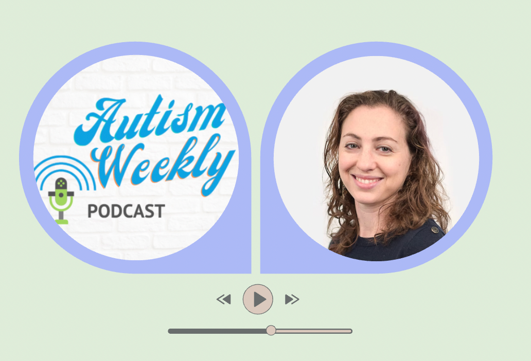 Headshot of woman in professional clothing next to logo of Autism Weekly podcast